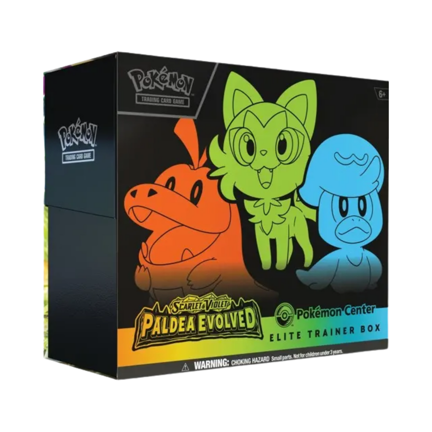 Sealed Pokémon Center Exclusive Paldea Evolved Elite Trainer Box with Pikachu promo cards, 11 booster packs, themed sleeves, and gameplay accessories