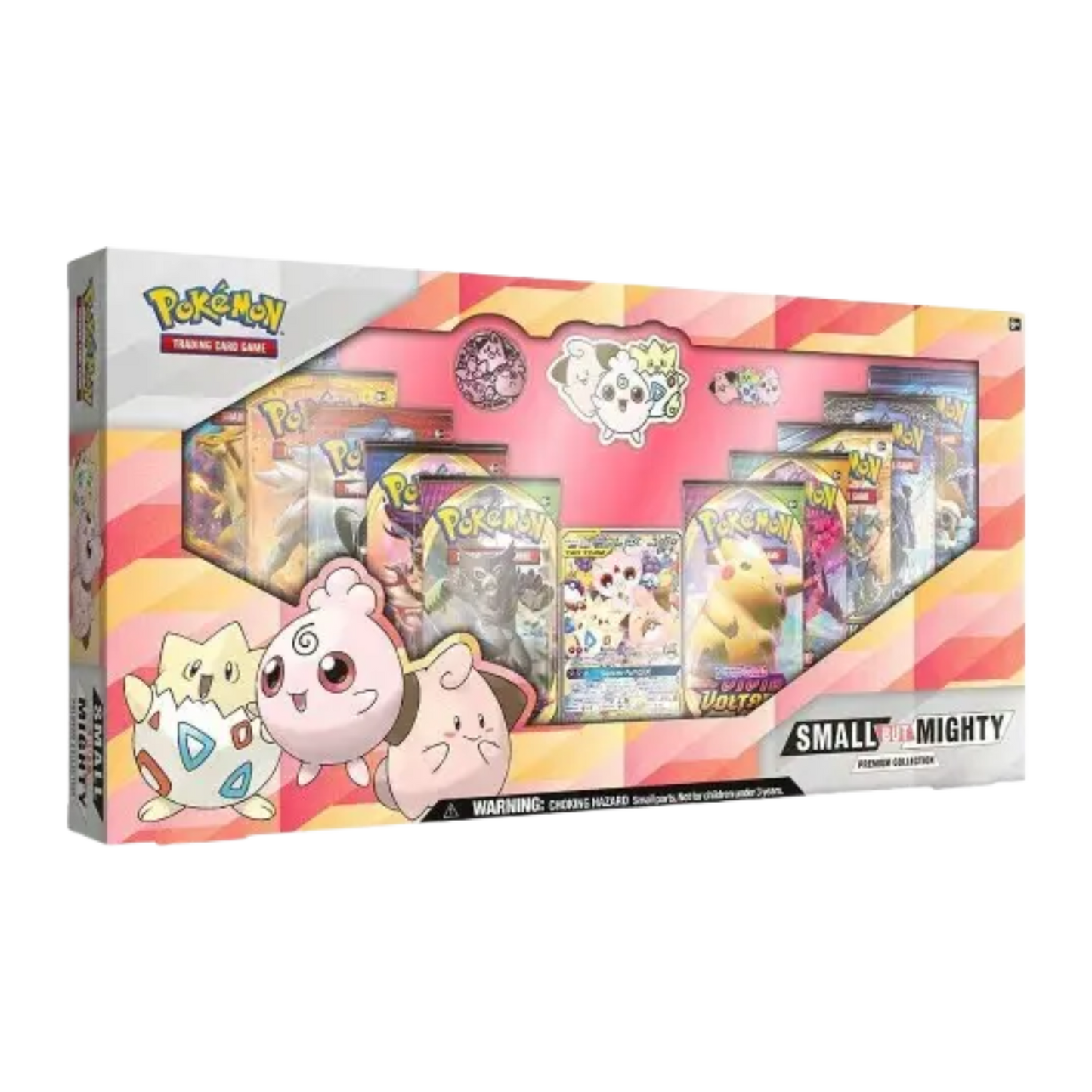 Sealed Pokémon Small But Mighty Premium Collection Box with Togepi, Cleffa, and Igglybuff promo cards, booster packs, coin, and card sleeves