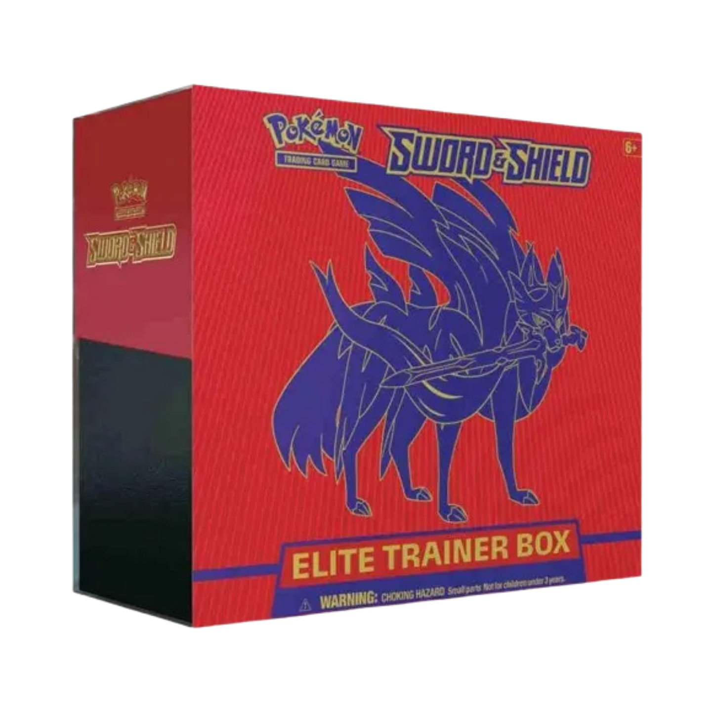Sealed Pokémon Sword & Shield Elite Trainer Box featuring Zacian from the base SWSH01 set with booster packs, sleeves, and gameplay accessories