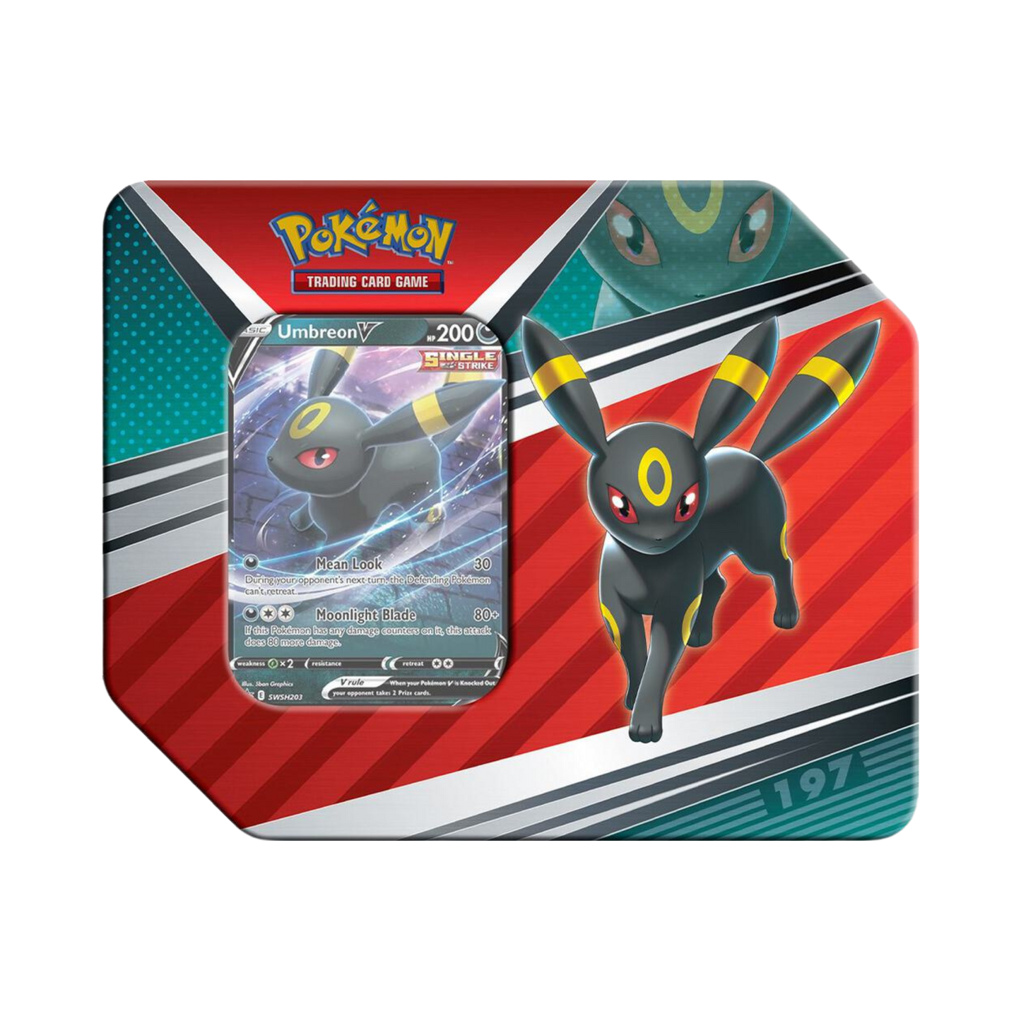 Sealed Pokémon V Heroes Tin featuring Umbreon V promo card and 5 assorted booster packs in collectible tin packaging