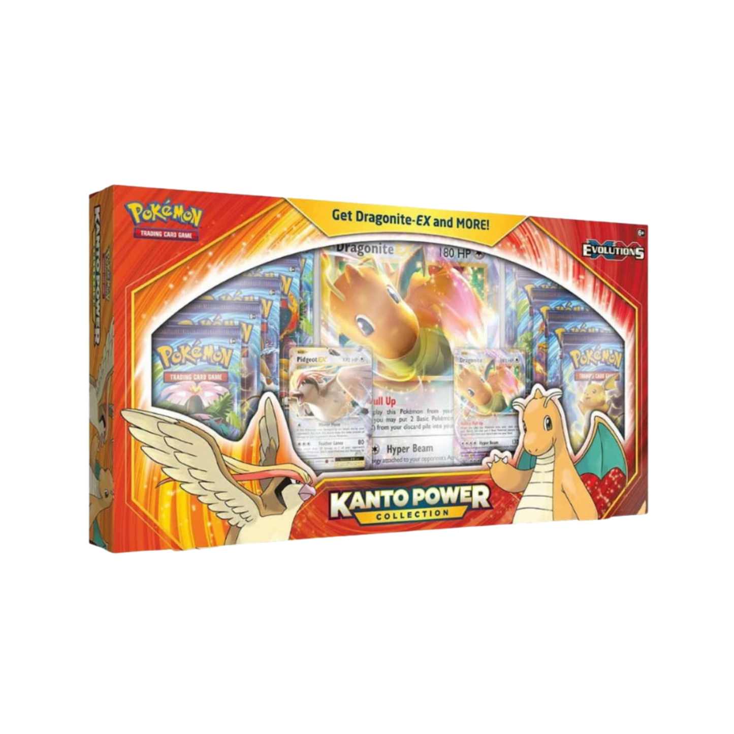 Sealed Pokémon XY Kanto Power Collection featuring Dragonite EX and Pidgeot EX promo cards with 10 booster packs in collector display box