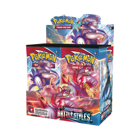 Sealed Pokémon TCG Sword & Shield Battle Styles Booster Box with 36 booster packs featuring Single Strike and Rapid Strike Pokémon artwork