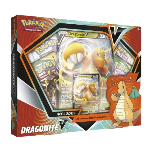 Sealed Pokémon Dragonite V Box with Dragonite V promo card, oversized card, and 4 booster packs in display packaging