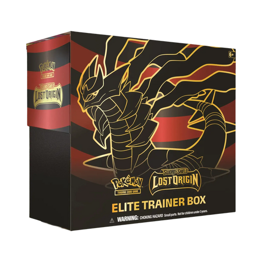 Sealed Pokémon TCG Lost Origin Elite Trainer Box with 8 booster packs, Giratina-themed artwork, and gameplay accessories