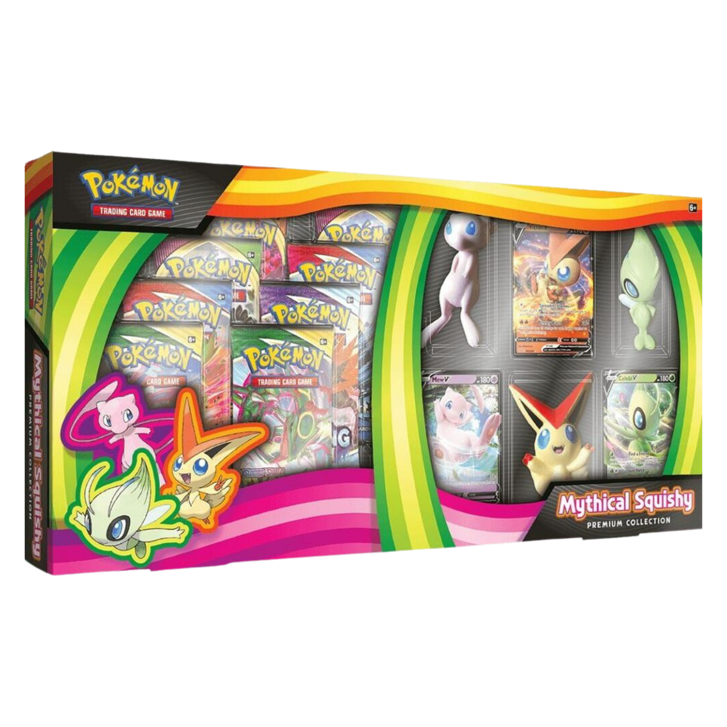 Sealed Pokémon Mythical Squishy Premium Collection with Mew, Celebi, and Victini V promo cards, squishy figures, and 8 booster packs