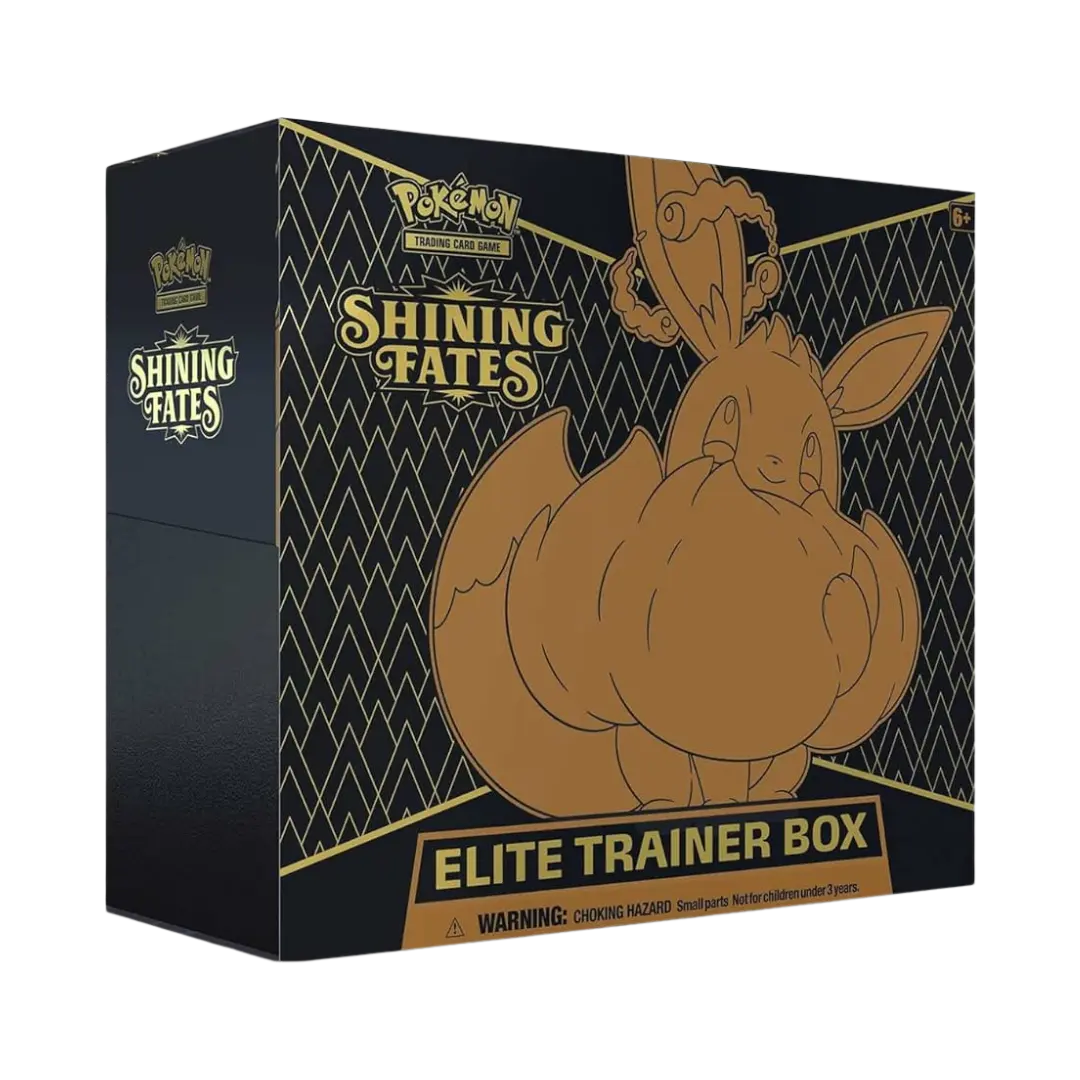 Sealed Pokémon Shining Fates Elite Trainer Box featuring Eevee VMAX promo card, 10 booster packs, and Gigantamax Eevee-themed card sleeves