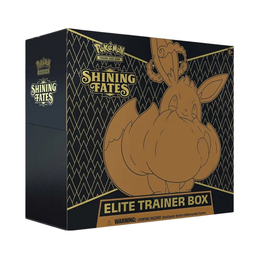Sealed Pokémon Shining Fates Elite Trainer Box featuring Eevee VMAX promo card, 10 booster packs, and Gigantamax Eevee-themed card sleeves