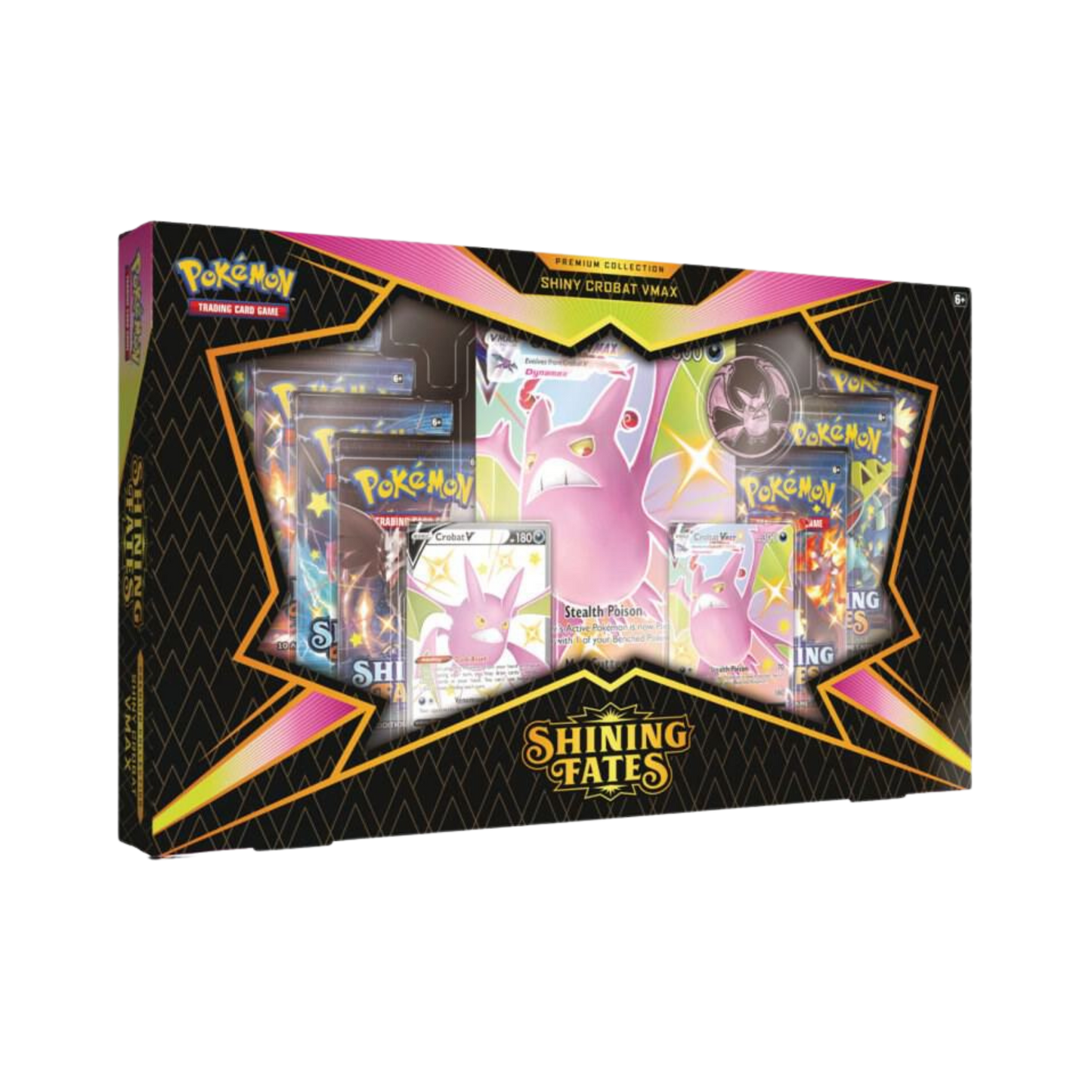 Sealed Pokémon Shining Fates Premium Collection featuring Shiny Crobat V, VMAX, oversized card, 7 booster packs, and metallic coin