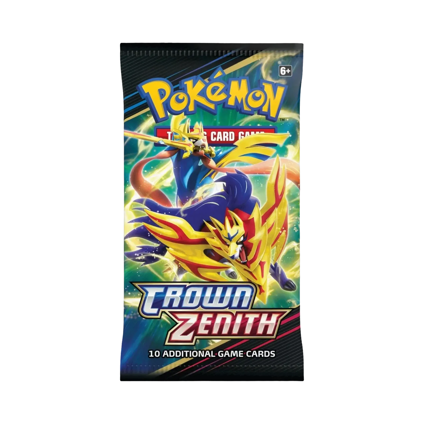 Sealed Pokémon TCG Crown Zenith Booster Pack with 10 cards and artwork featuring legendary Pokémon from the Sword & Shield era