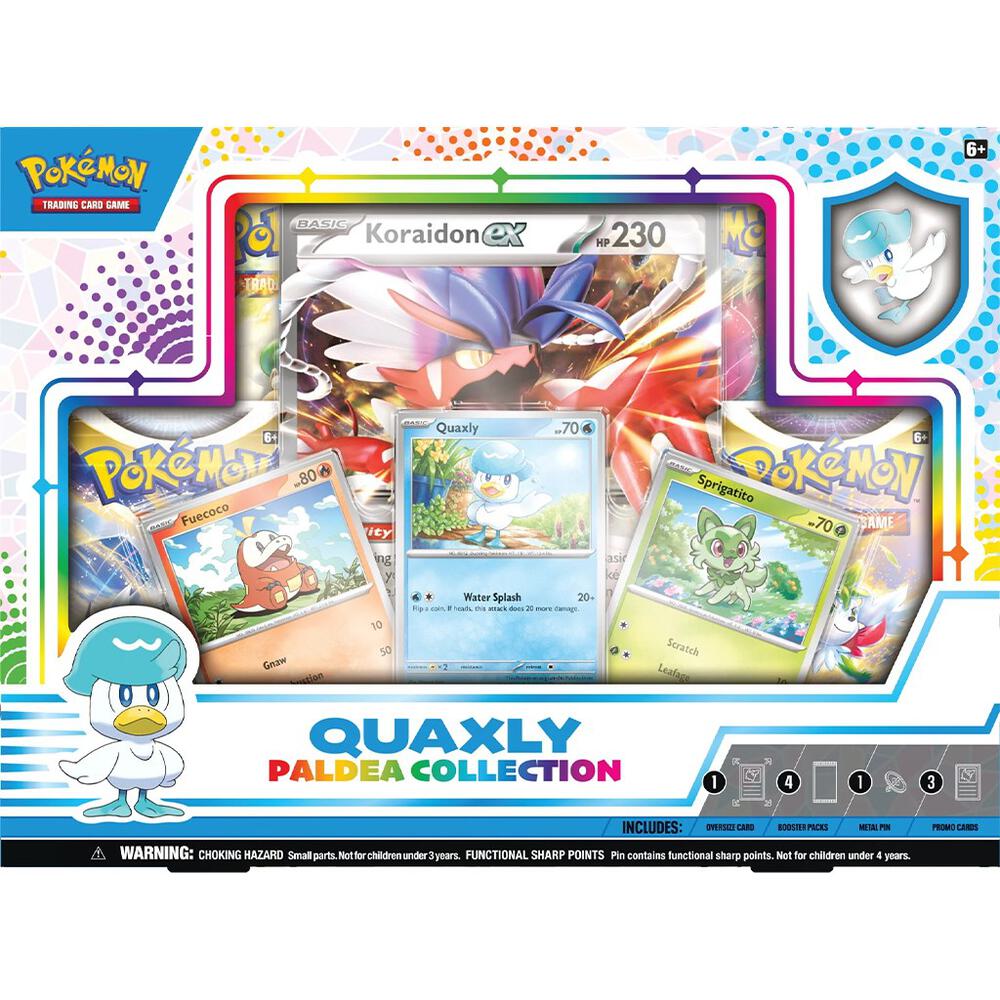 Sealed Pokémon TCG Paldea Collection Box with Sprigatito, Fuecoco, Quaxly foil promos, Koraidon or Miraidon ex oversized card, 4 booster packs, and pin