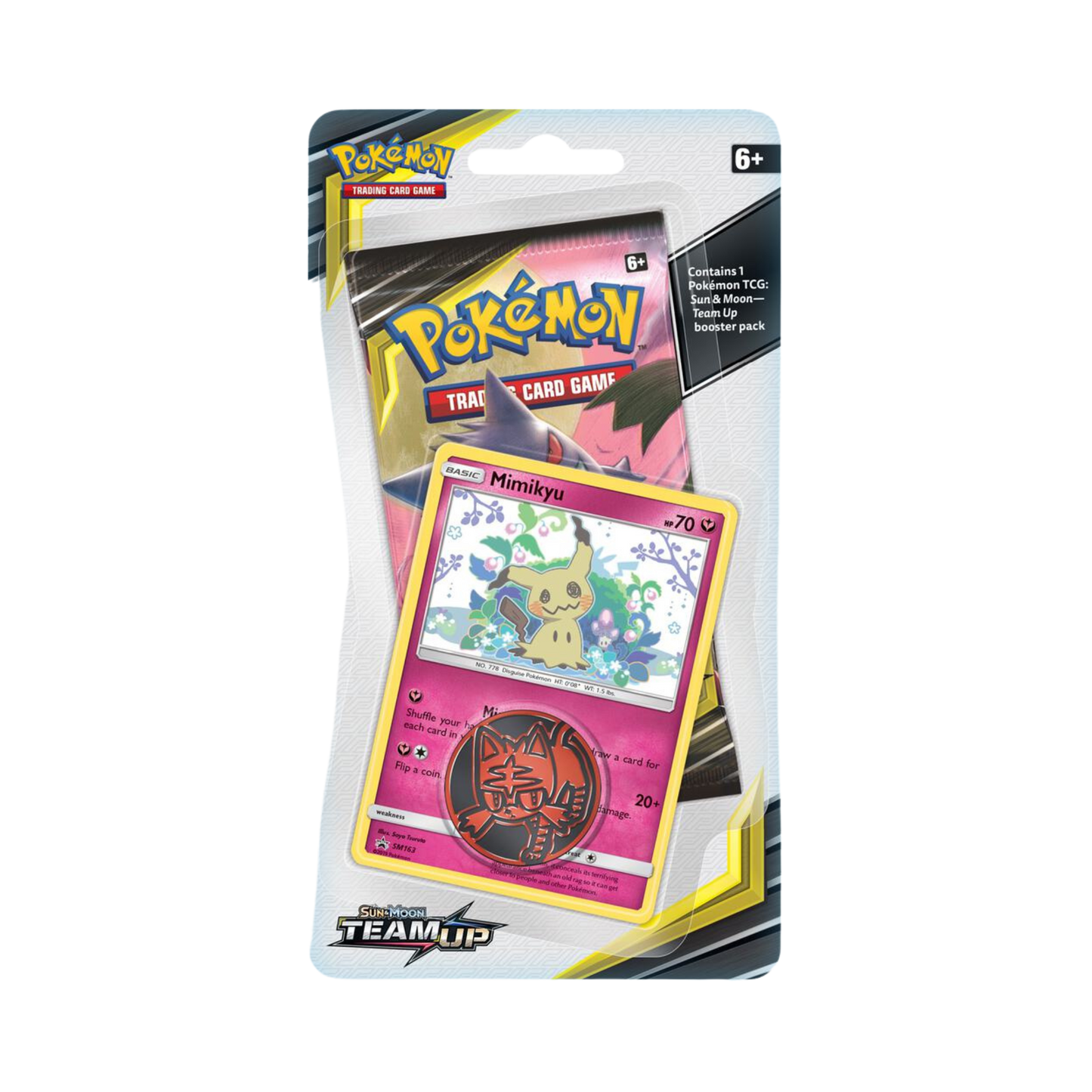 Sealed Pokémon Team Up Single Pack Blister with Mimikyu promo card, 1 booster pack, and collectible coin