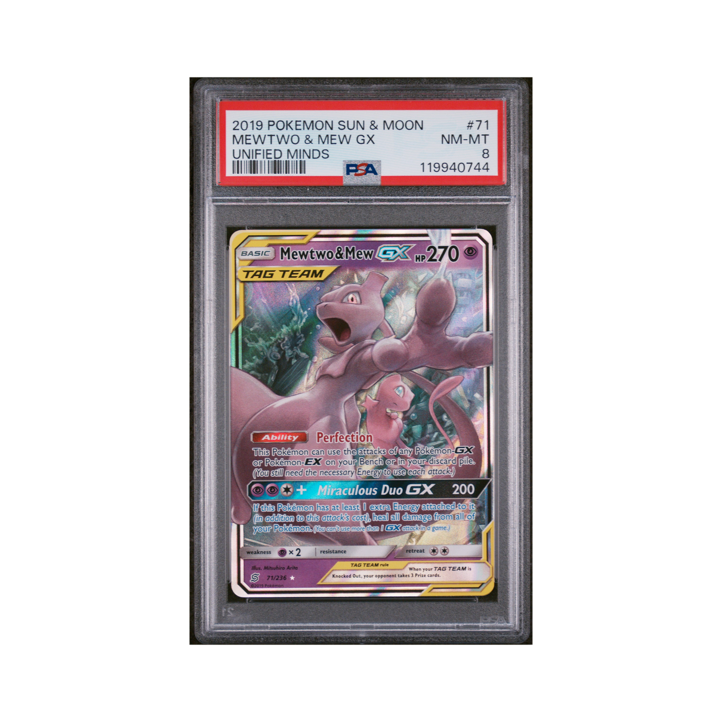 2019 Pokémon Sun & Moon Unified Minds Mewtwo & Mew GX #71 PSA 8