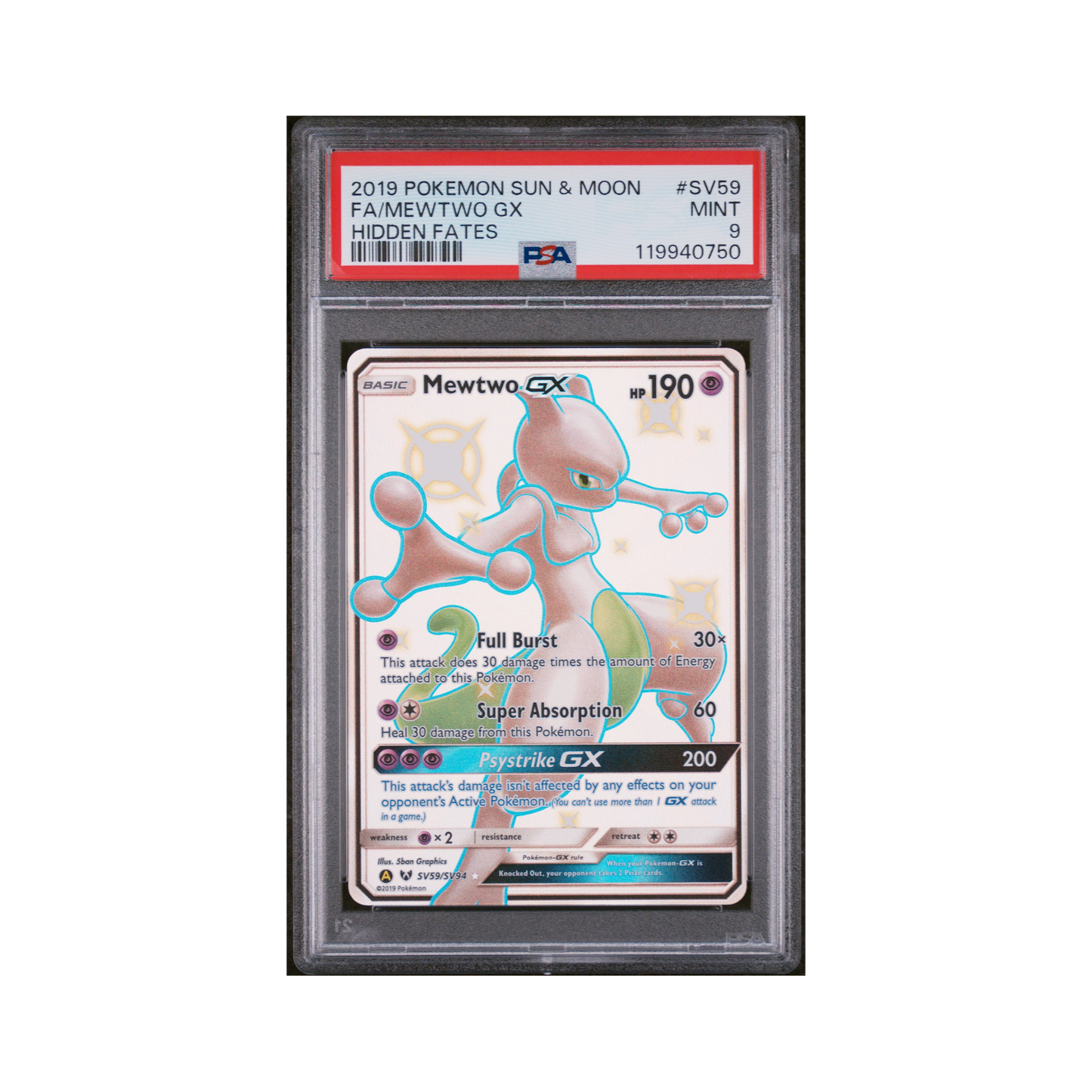 2019 Pokémon Sun & Moon Hidden Fates Mewtwo GX #SV59 PSA 9