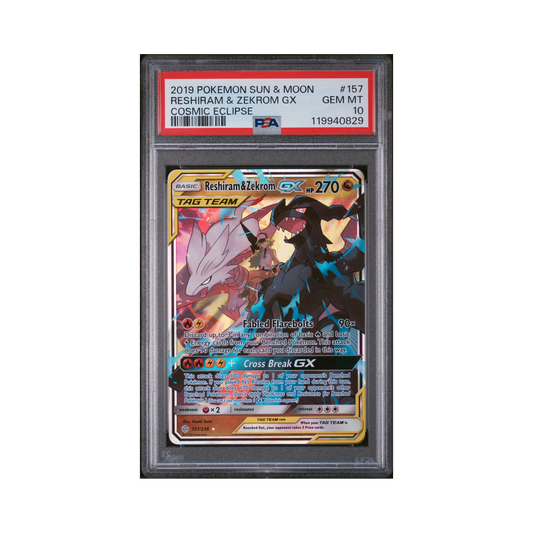 2019 Pokémon Sun & Moon Cosmic Eclipse Reshiram & Zekrom GX #157 PSA 10