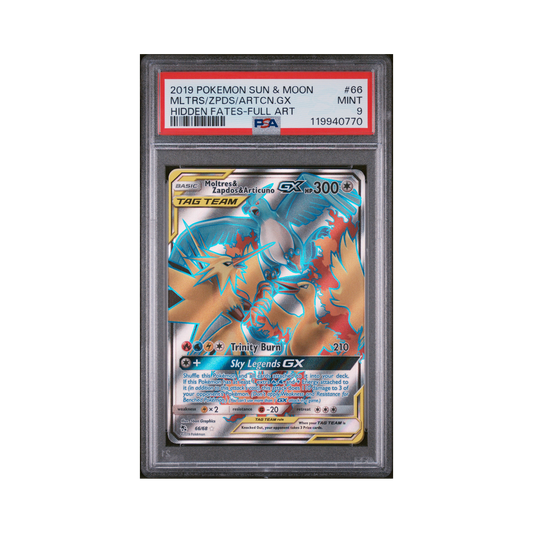 2019 Pokémon Sun & Moon Hidden Fates Moltres & Zapdos & Articuno GX #66 PSA 9
