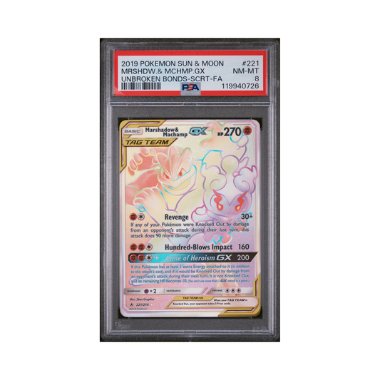 2019 Pokémon Sun & Moon Unbroken Bonds Marshadow & Machmp GX #221 PSA 8