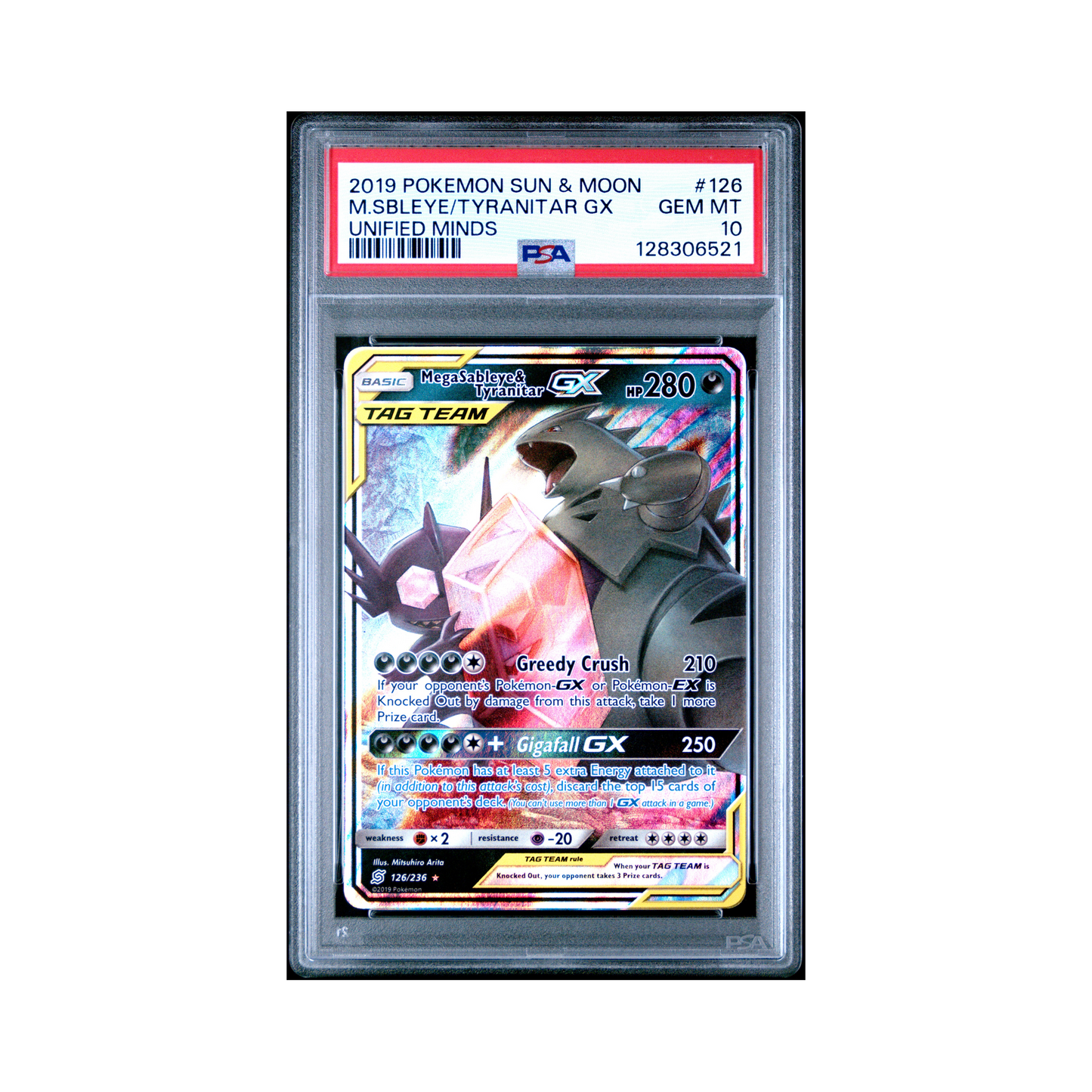 2019 Pokemon Sun & Moon Unified Minds Mega Sableye & Tyranitar GX #126 PSA 10