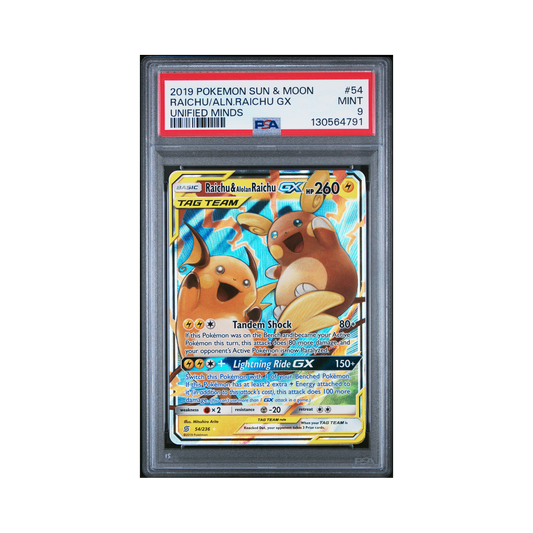 2019 Pokemon Sun & Moon Unified Minds Raichu & Alolan Raichu GX #54 PSA 9