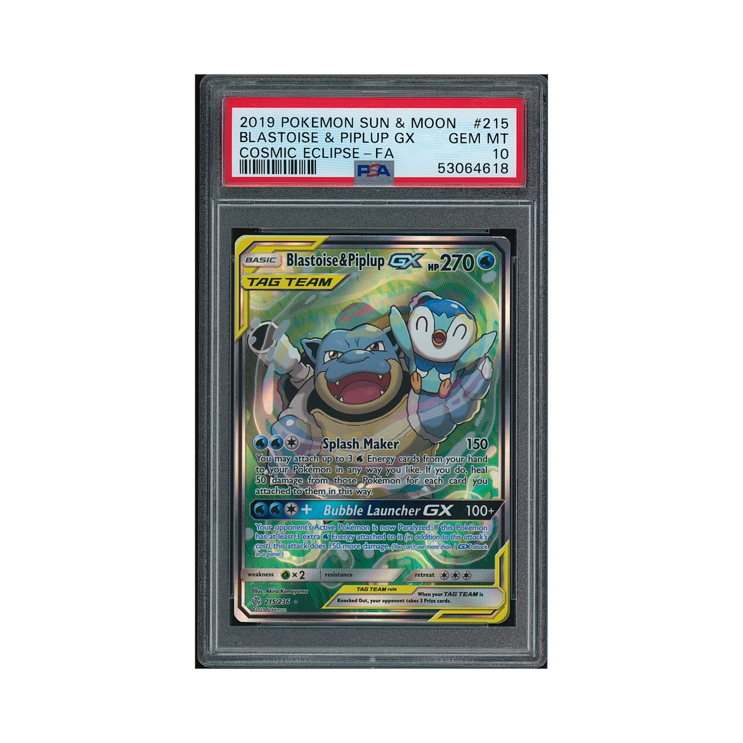 2019 Pokémon Sun & Moon Cosmic Eclipse Blastoise & Piplup GX #215 PSA 10