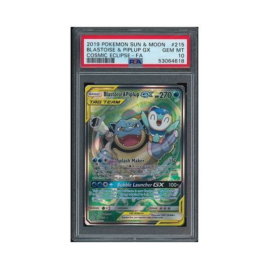 2019 Pokémon Sun & Moon Cosmic Eclipse Blastoise & Piplup GX #215 PSA 10