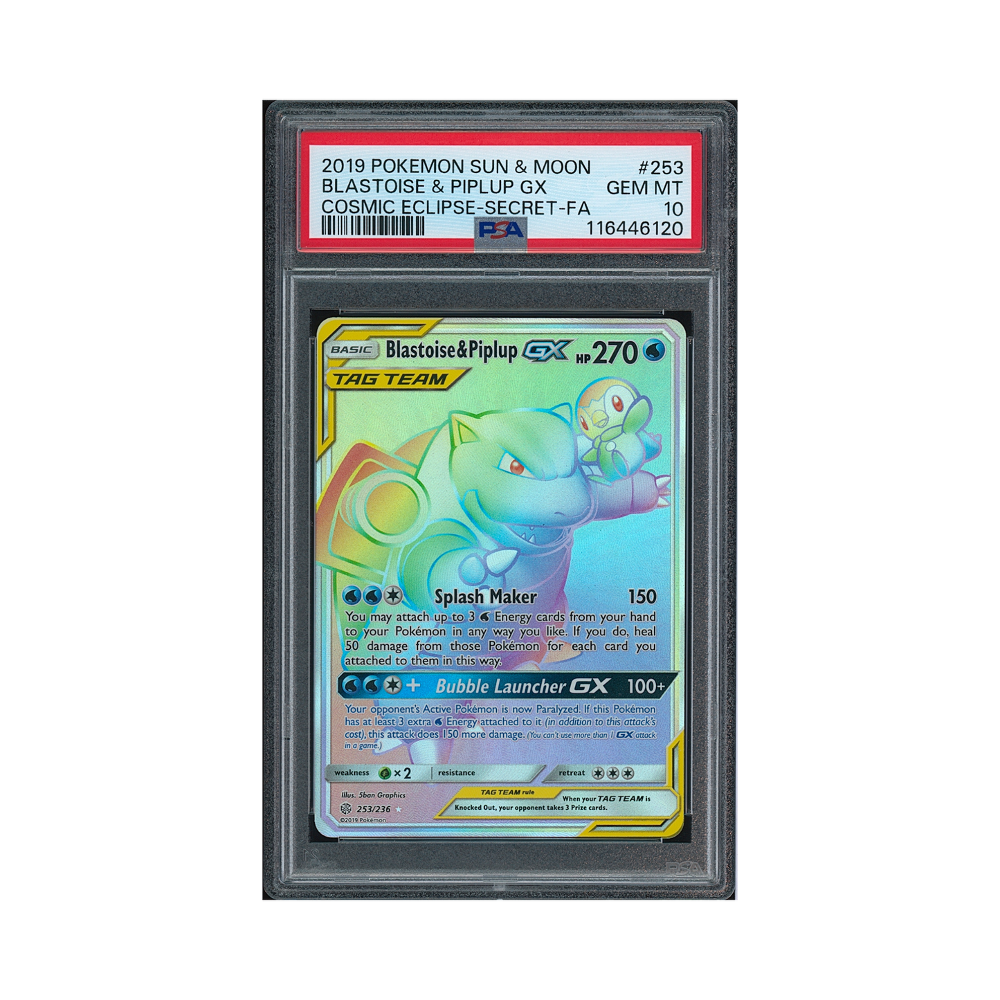 2019 Pokémon Sun & Moon Cosmic Eclipse Blastoise & Piplup GX #253 PSA 10
