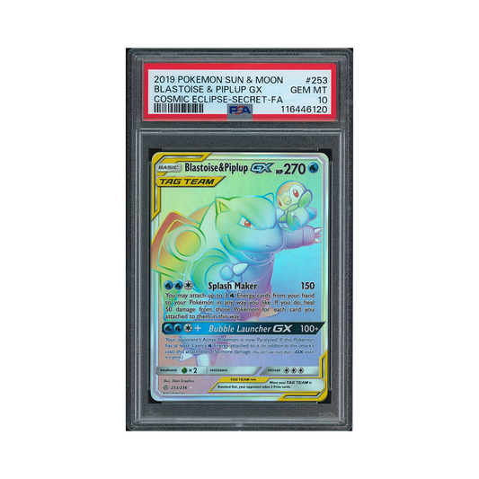 2019 Pokémon Sun & Moon Cosmic Eclipse Blastoise & Piplup GX #253 PSA 10