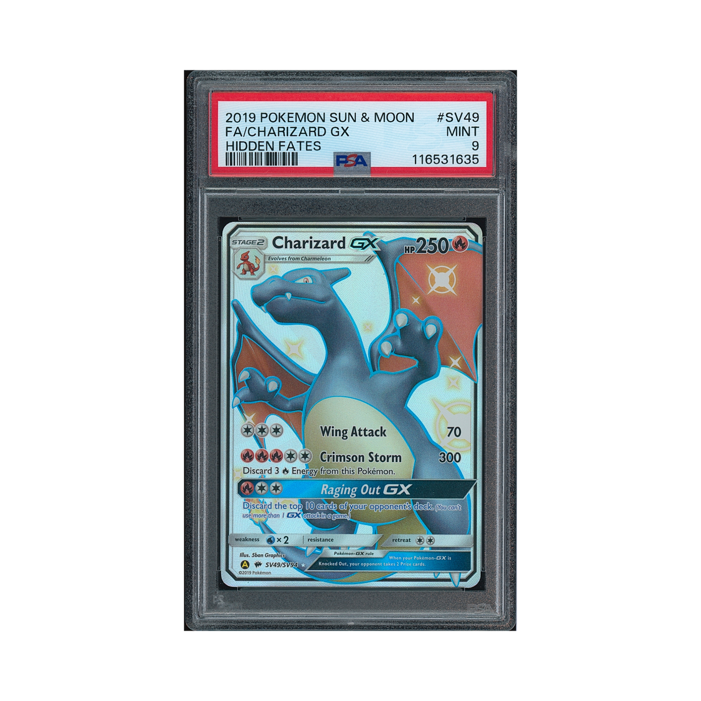 2019 Pokémon Sun & Moon Hidden Fates Charizard GX #SV49 PSA 9