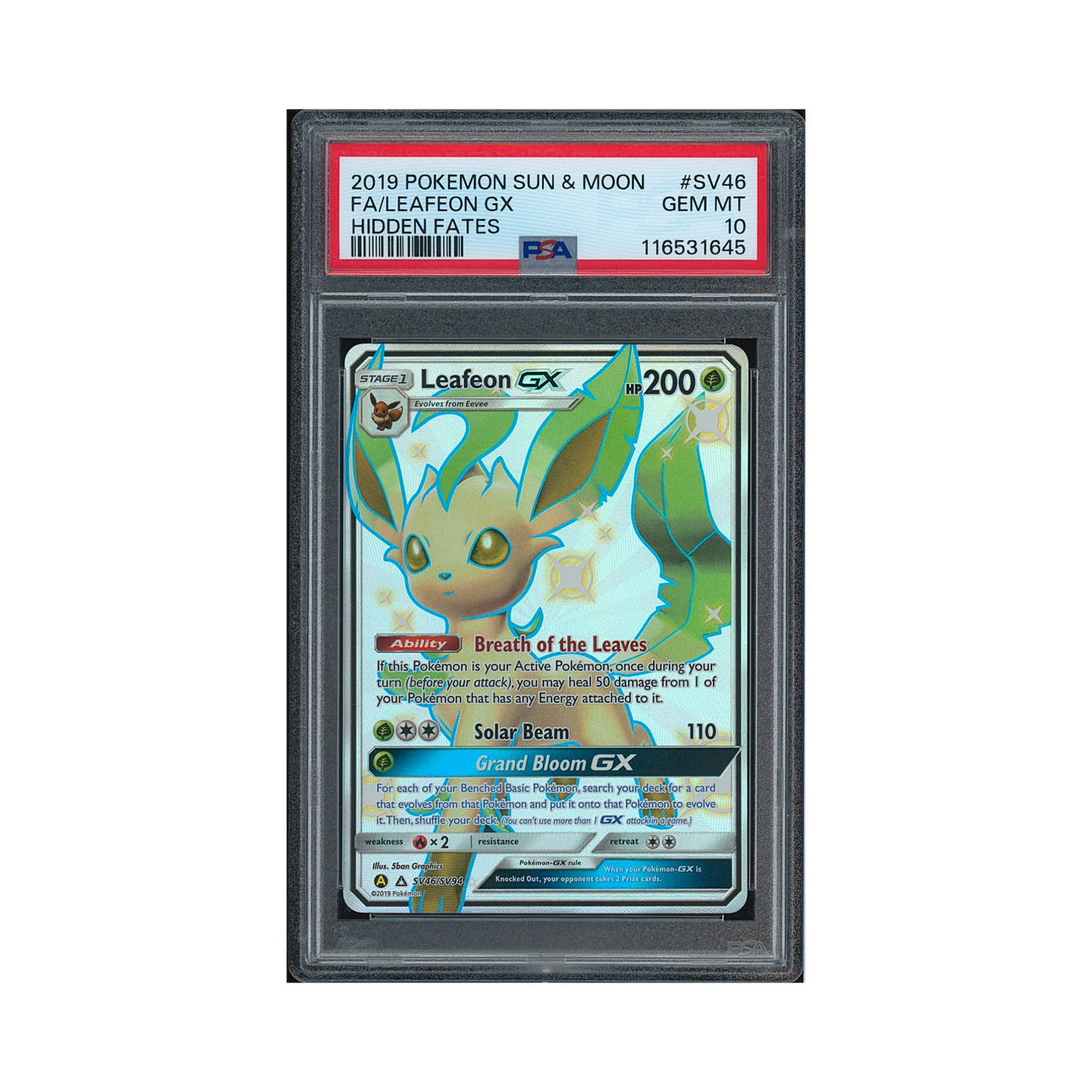2019 Pokémon Sun & Moon Hidden Fates Leafeon GX #SV46 PSA 10