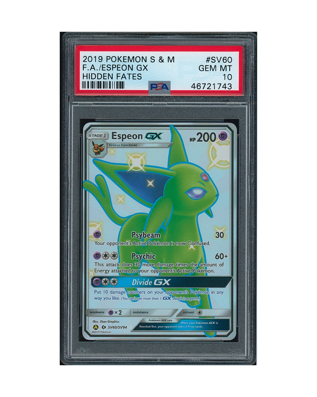 2019 Pokémon Sun & Moon Hidden Fates Espeon GX #SV60 PSA 10