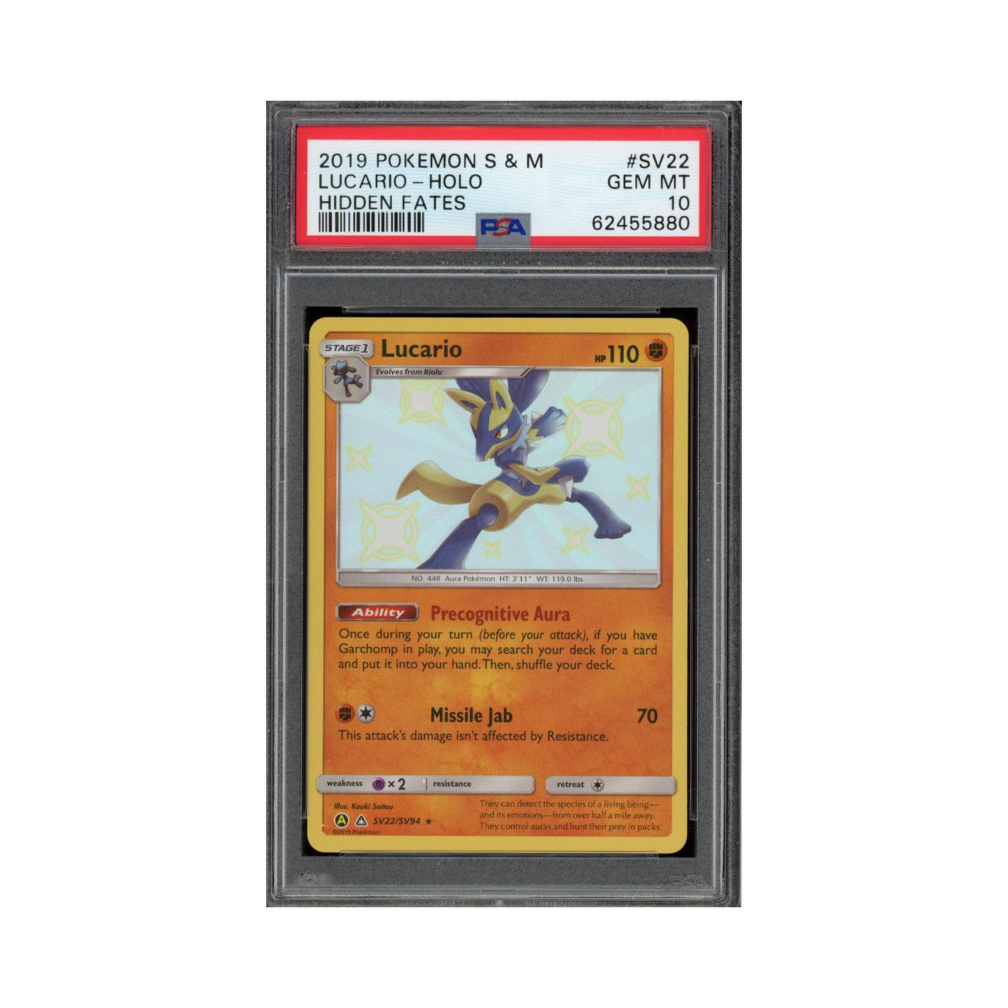 2019 Pokemon Sun & Moon Hidden Fates Shiny Vault Lucario #SV22 PSA 10