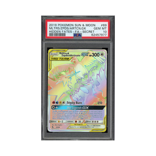 2019 Pokemon Hidden Fates Secret Rare Moltres & Zapdos & Articuno GX #69 PSA 10