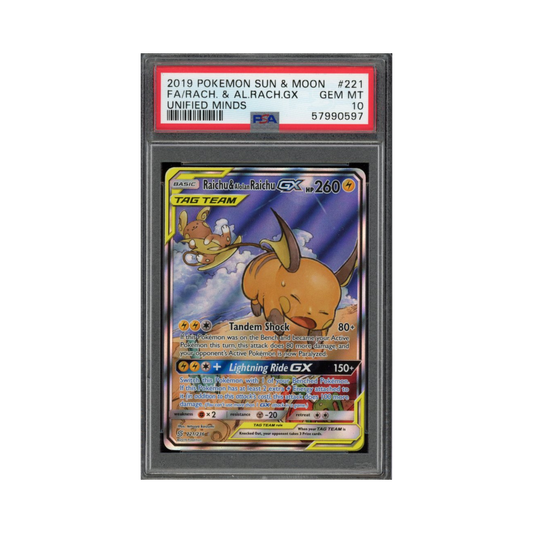 2019 Pokemon Sun & Moon Unified Minds FA Raichu & Alolan Raichu GX #221 PSA 10