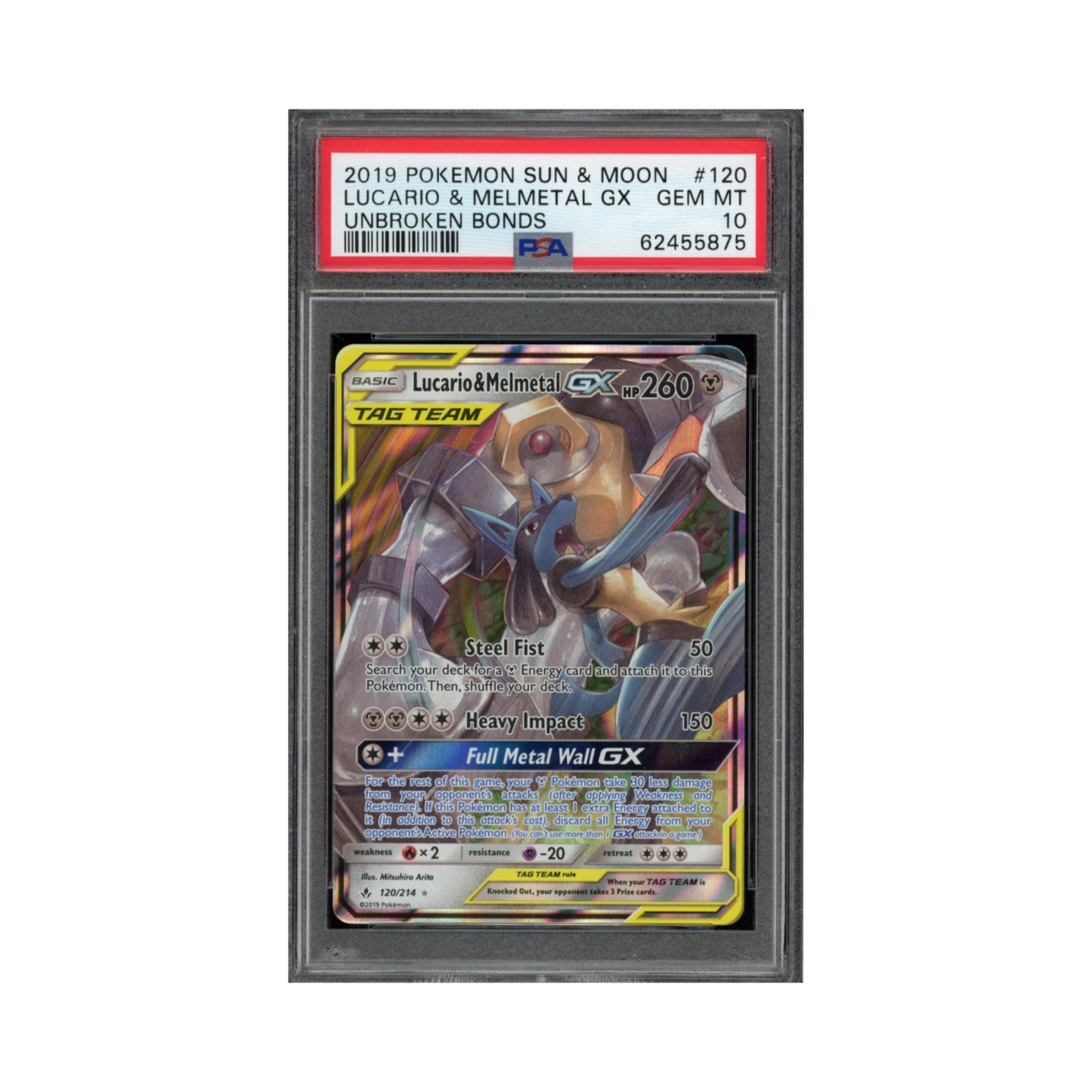 2019 Pokemon Sun & Moon Unbroken Bonds Lucario & Melmetal GX #120 PSA 10