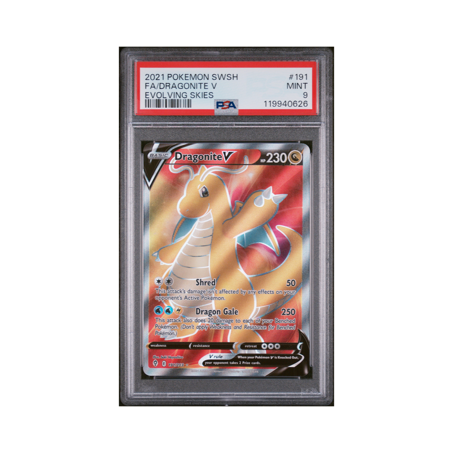 2021 Pokémon Sword & Shield Evolving Skies Dragonite V #191 PSA 9