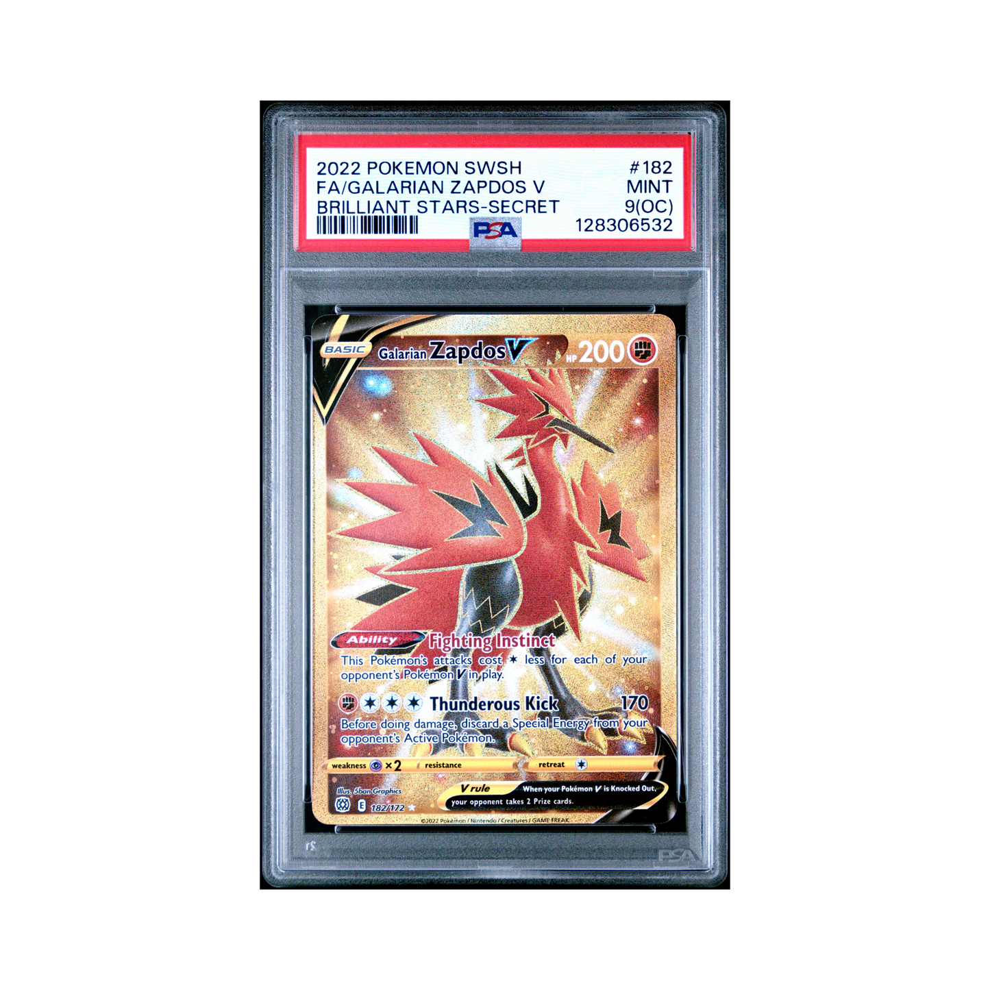2022 Pokemon Sword & Shield Brilliant Stars Galarian Zapdos (OC) V #182 PSA 9
