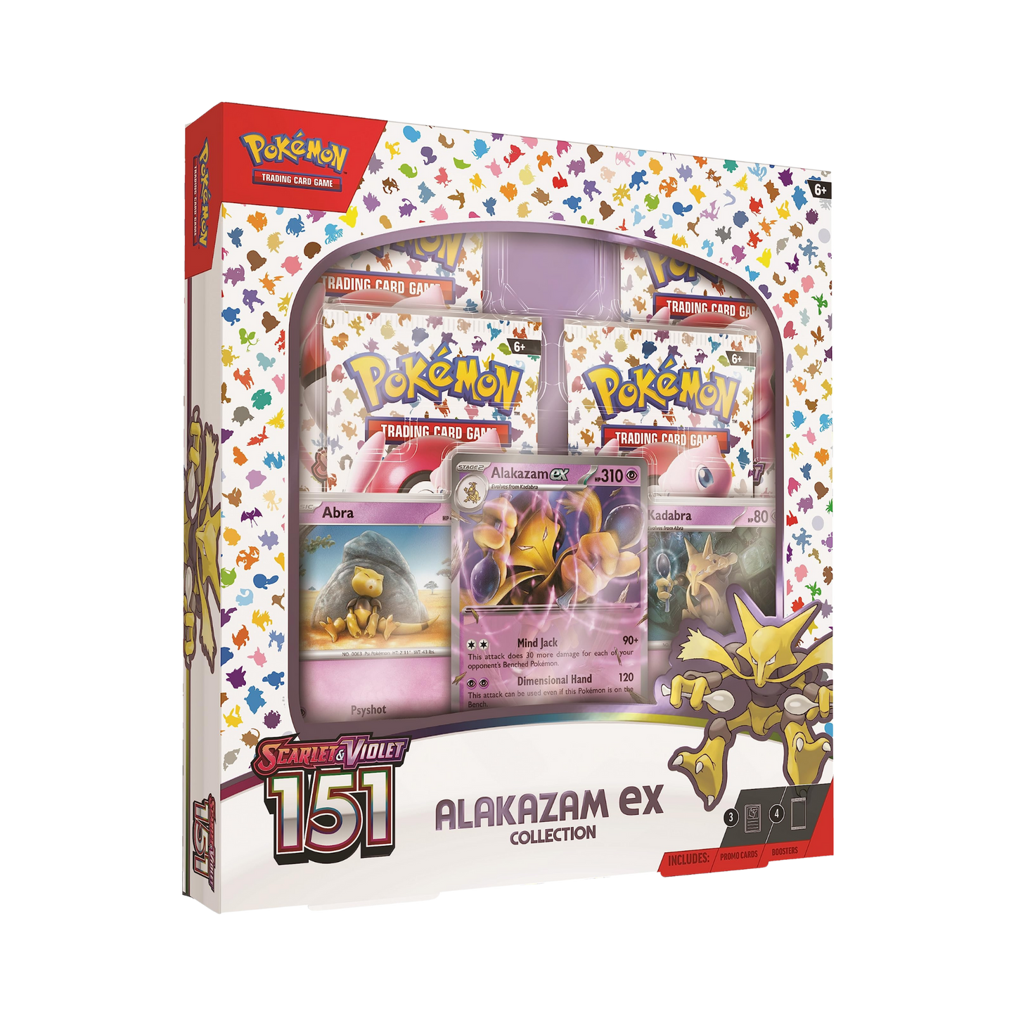 Sealed Pokémon 151 Alakazam ex Collection Box with foil promo cards of Abra, Kadabra, Alakazam ex, and 4 Scarlet & Violet—151 booster packs
