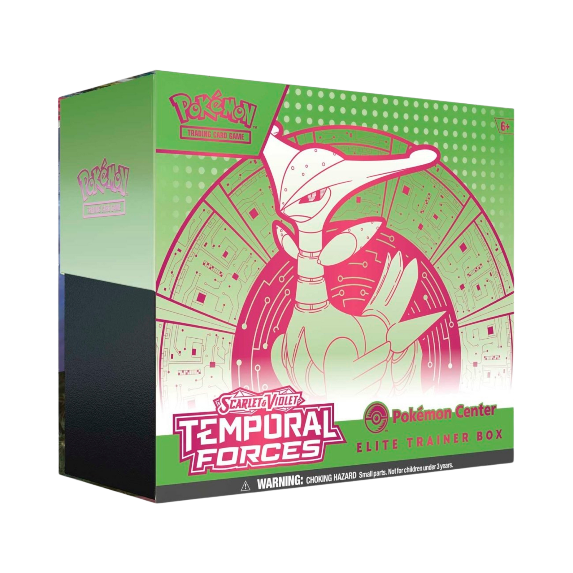 Sealed Pokémon Temporal Forces Pokémon Center Elite Trainer Box with Iron Thorns promo cards, 11 booster packs, Iron Leaves sleeves, and accessories