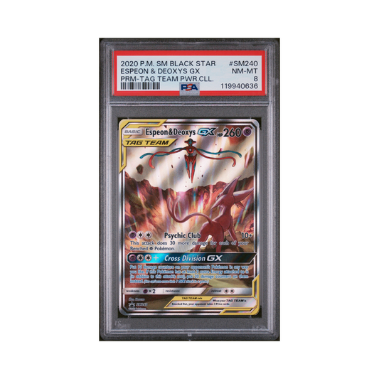 2020 Pokémon SM Black Star Promo Espeon & Deoxys GX #SM240 PSA 8