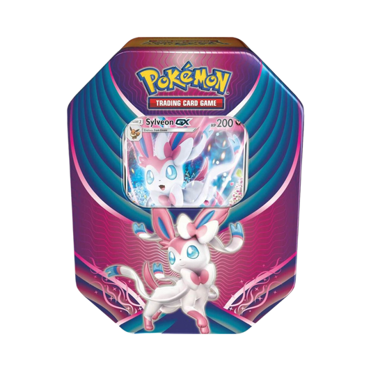 Sealed Pokémon Evolution Celebration Tin featuring Sylveon GX promo card and 4 booster packs from the Sun & Moon series