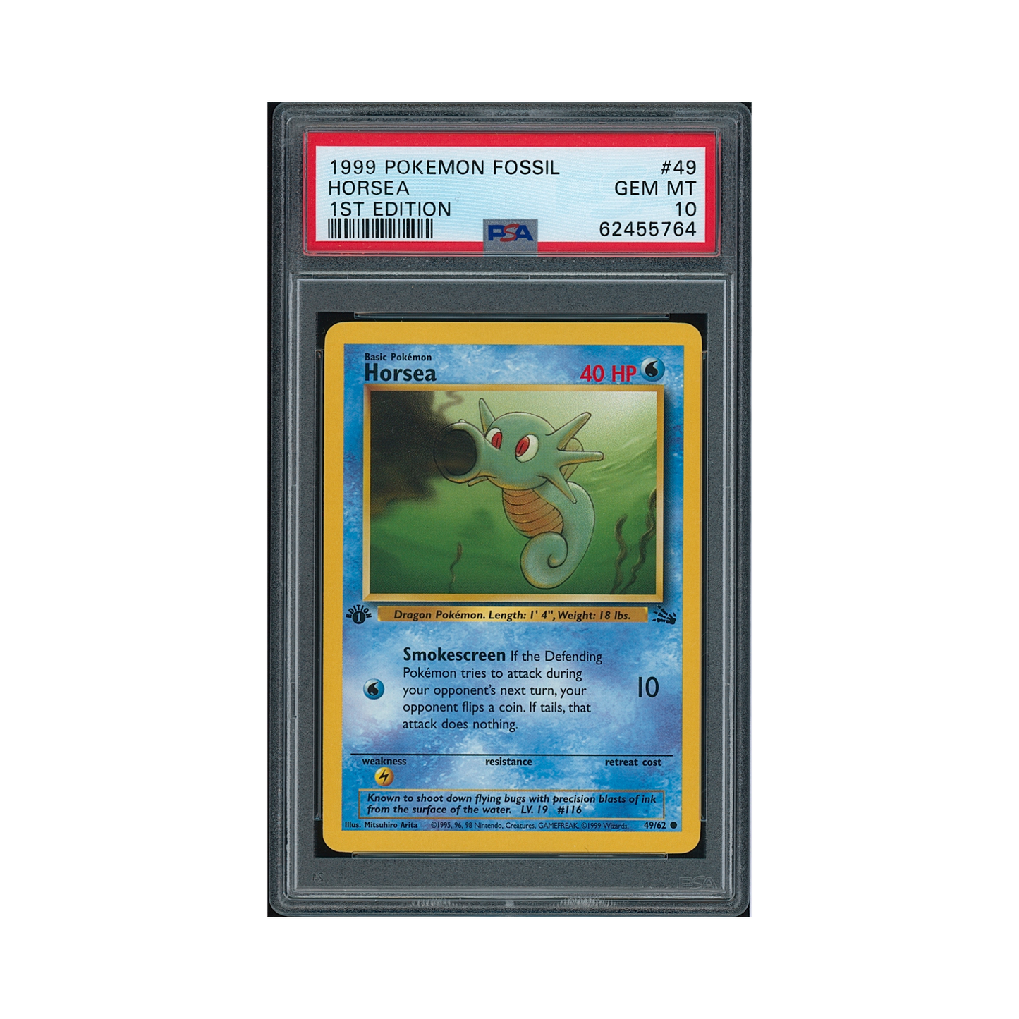 1999 Pokémon Fossil 1st Edition Horsea #49 PSA 10