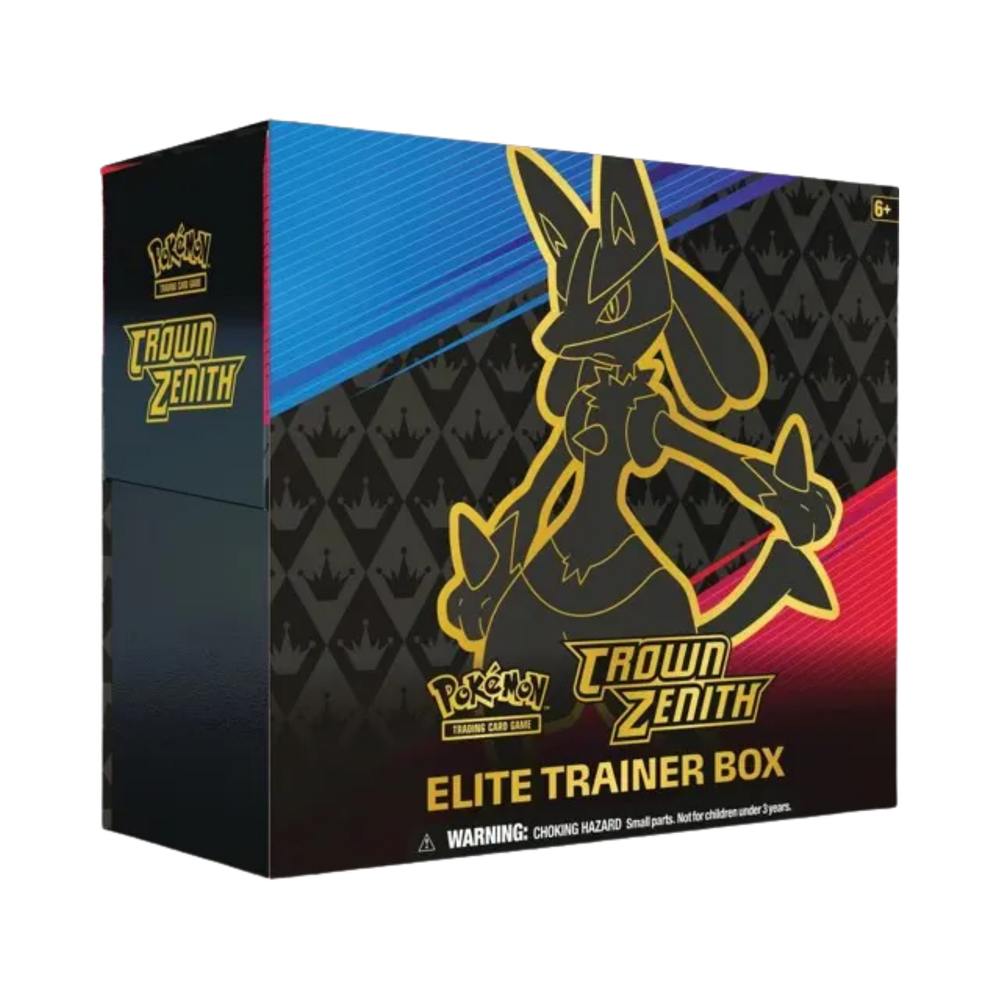 Sealed Pokémon Crown Zenith Elite Trainer Box with Lucario VSTAR promo card, 10 booster packs, card sleeves, and gameplay accessories