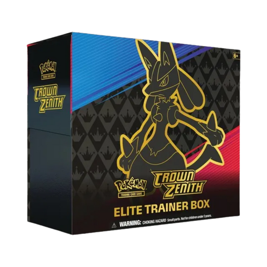 Sealed Pokémon Crown Zenith Elite Trainer Box with Lucario VSTAR promo card, 10 booster packs, card sleeves, and gameplay accessories