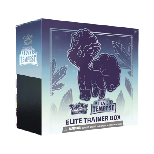 Sealed Pokémon Silver Tempest Elite Trainer Box with Alolan Vulpix sleeves, 8 booster packs, Energy cards, and gameplay accessories