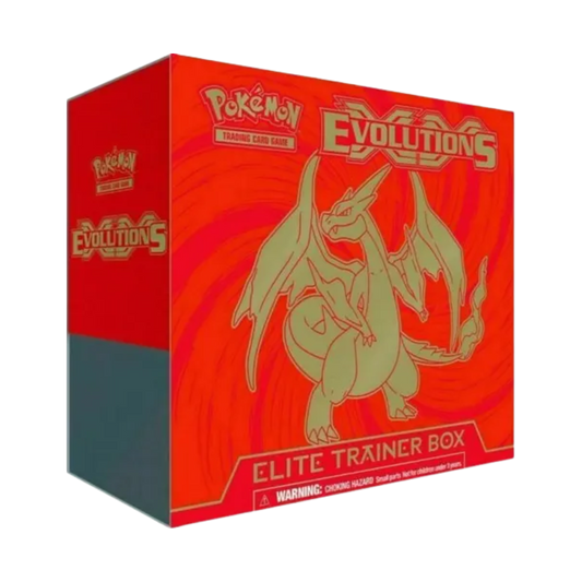 Sealed Pokémon XY Evolutions Elite Trainer Box featuring Mega Charizard Y with 8 booster packs, card sleeves, and gameplay accessories