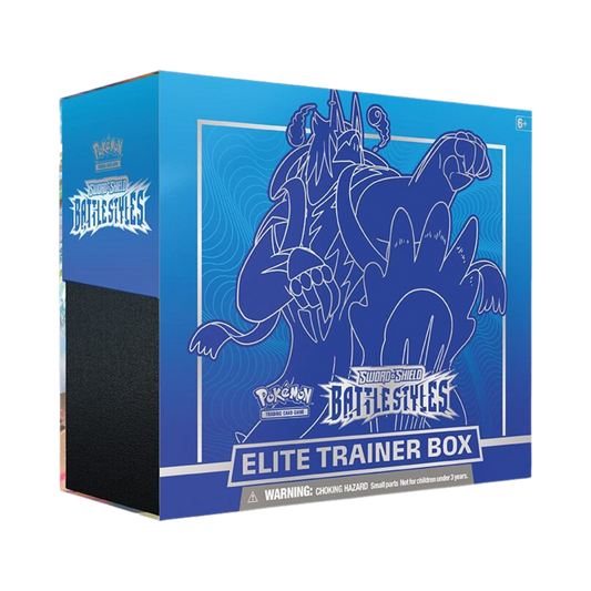 Sealed Pokémon TCG Battle Styles Elite Trainer Box featuring Rapid Strike Urshifu in blue packaging with 8 booster packs and themed accessories