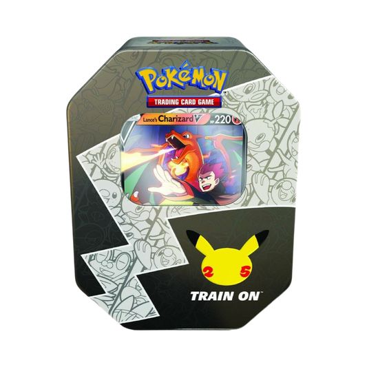 Sealed Pokémon Celebrations International Tin featuring Lance’s Charizard V promo card and Celebrations booster packs in collector’s tin