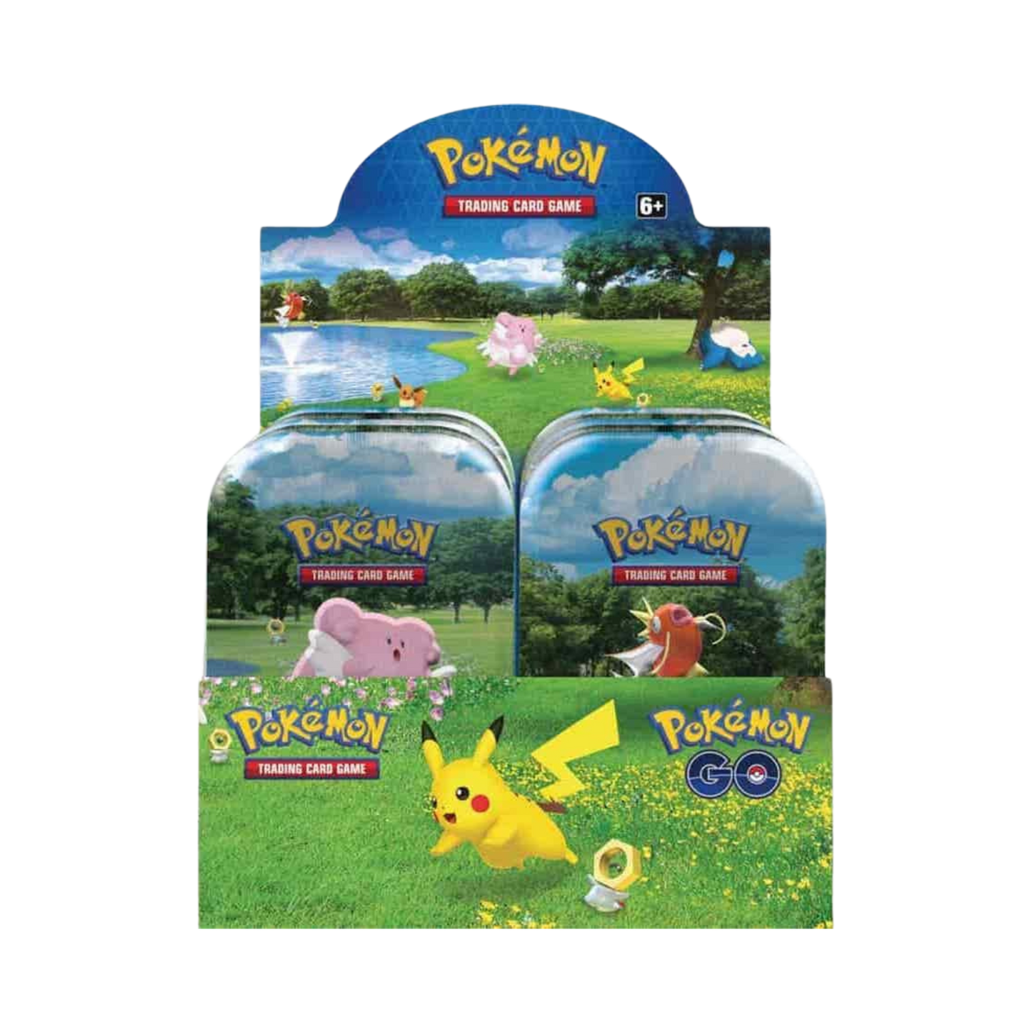 Sealed Pokémon GO Mini Tin Display with 10 tins total, each containing 2 booster packs, a metallic coin, and a collectible art card