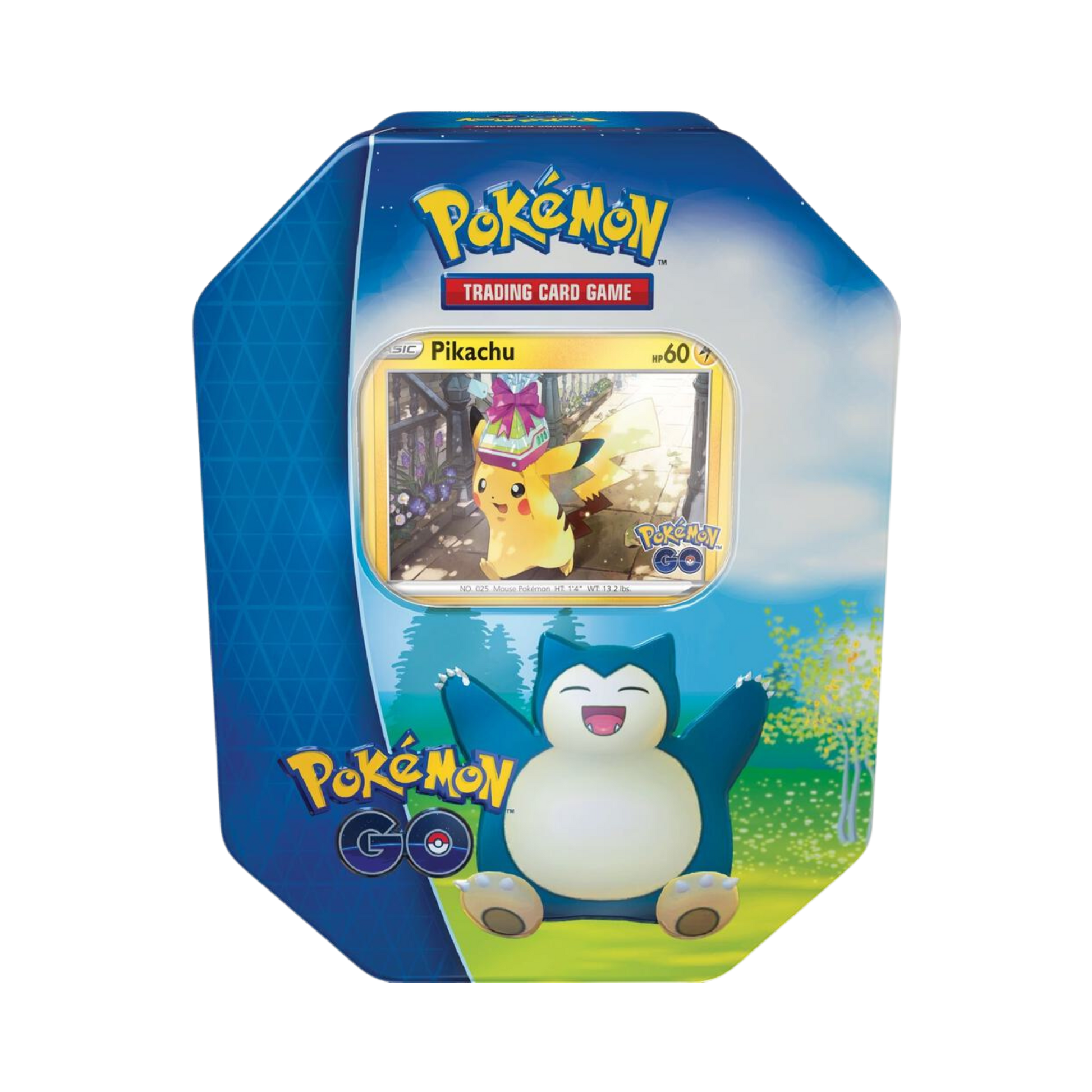 Sealed Pokémon GO Tin with Pikachu promo card, 4 booster packs, bonus foil card, and sticker sheet featuring Pikachu, Snorlax, and Blissey 
