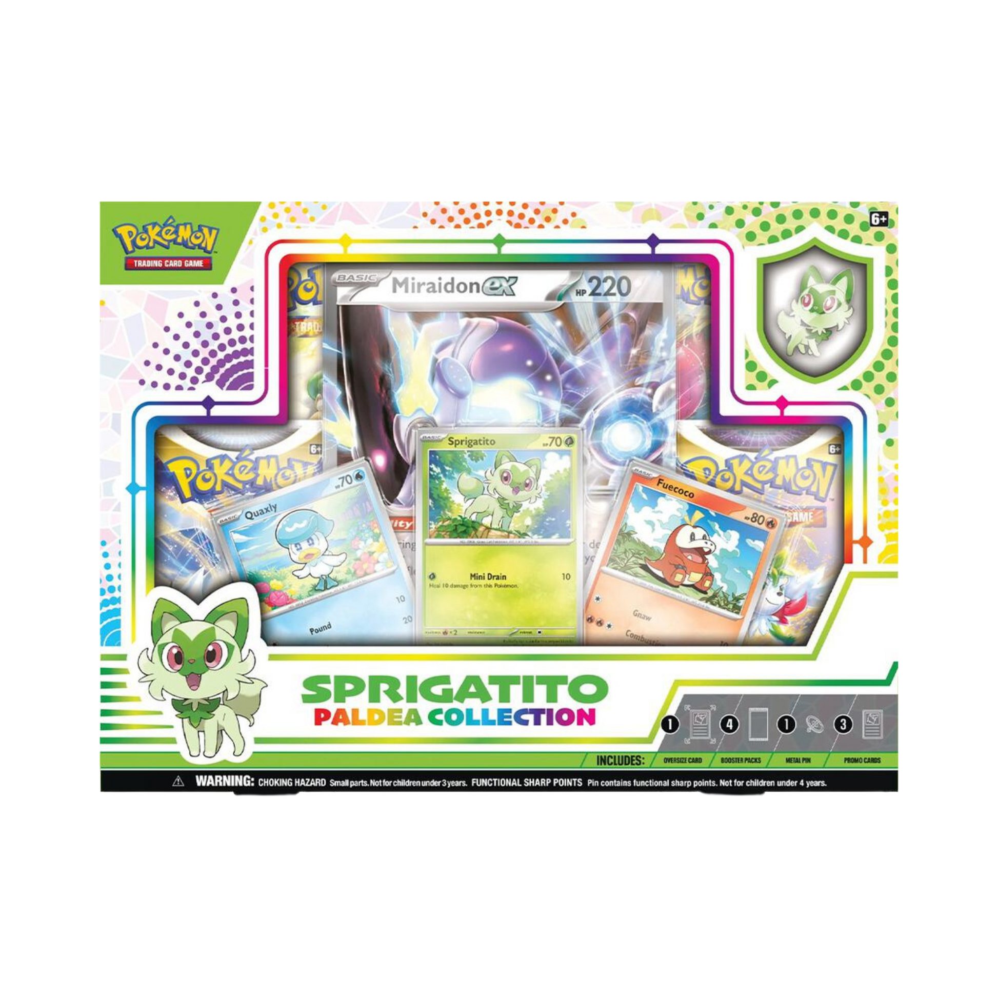 Sealed Pokémon Paldea Collection box with foil Sprigatito, Fuecoco, and Quaxly promo cards, Koraidon or Miraidon ex oversized card, 4 booster packs, and collector pin