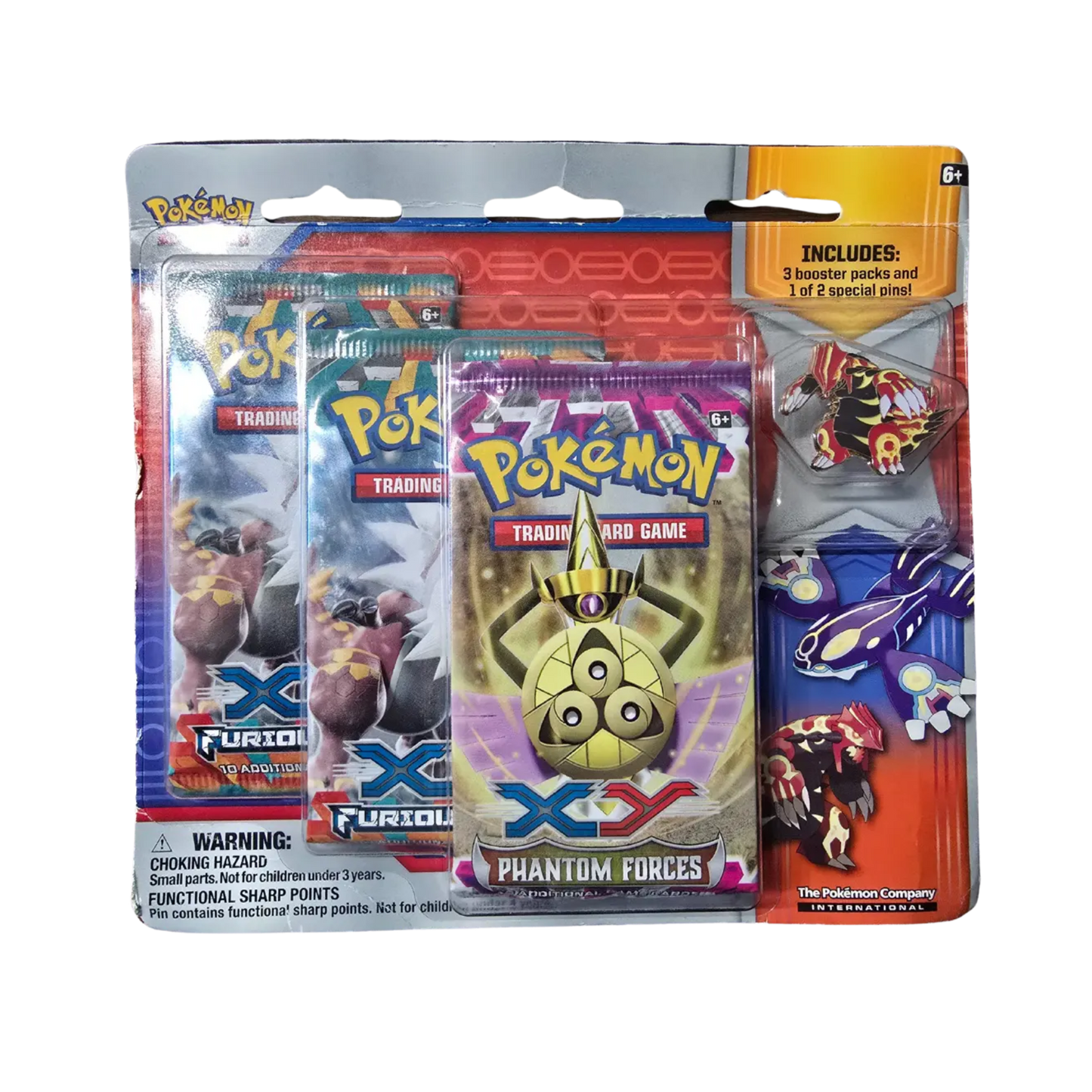 Sealed Pokémon Primal Groudon 3-Pack Blister with Phantom Forces, 2 Furious Fists booster packs, and collector pin